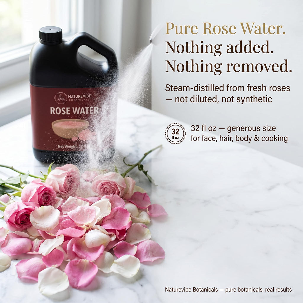 Naturevibe Botanicals Pure Rose Water Toner 32 oz Hydrating Facial Mist & Hair Spray | 100% Natural, Alcohol-Free Skin Care & Makeup Setting Spray