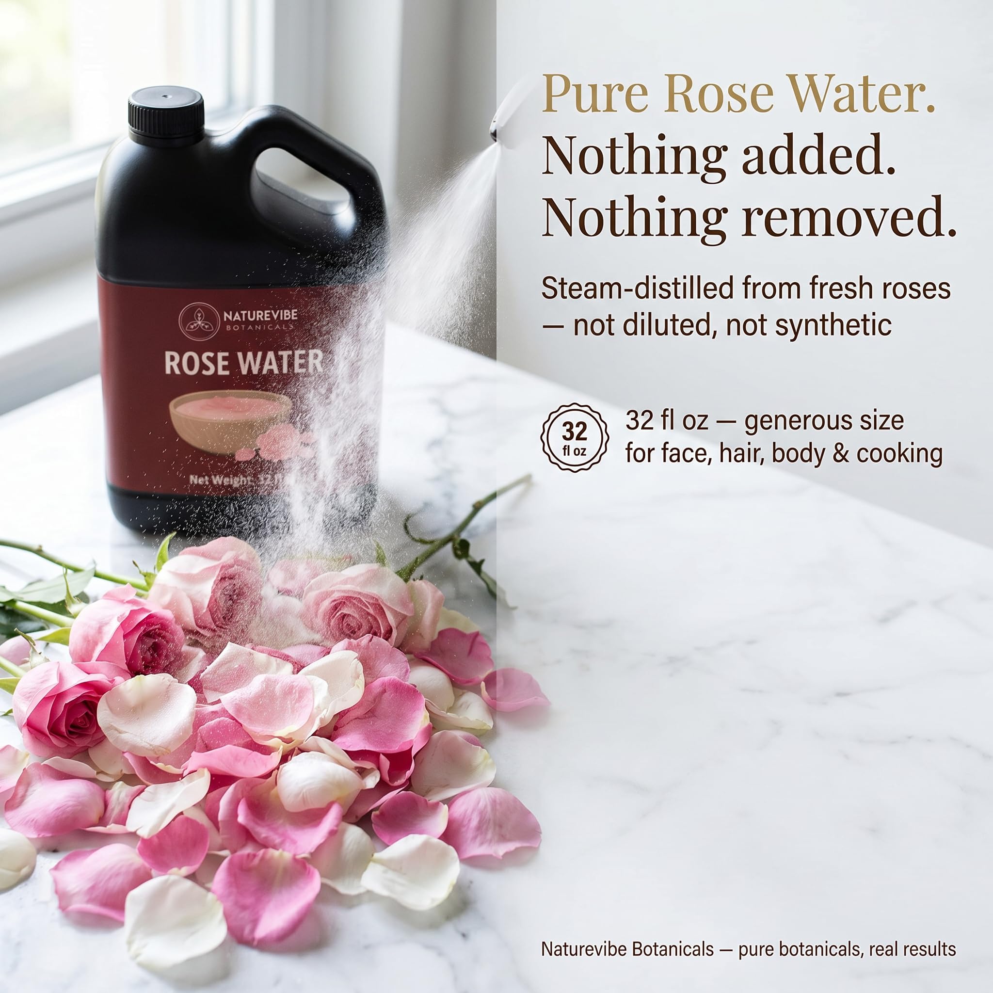 Naturevibe Botanicals Pure Rose Water Toner 32 oz Hydrating Facial Mist & Hair Spray | 100% Natural, Alcohol-Free Skin Care & Makeup Setting Spray