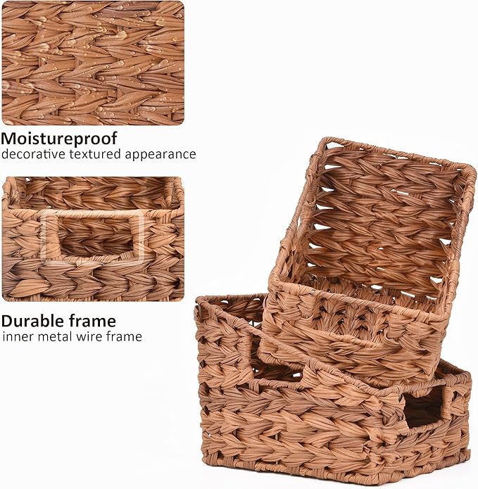 GRANNY SAYS Wicker Storage Baskets for Shelves, Trapezoid Woven Basket with Handles, Waterproof Storage Wicker Baskets for Organizing Pantry Cabinet, Caramel Orange, 2-Pack