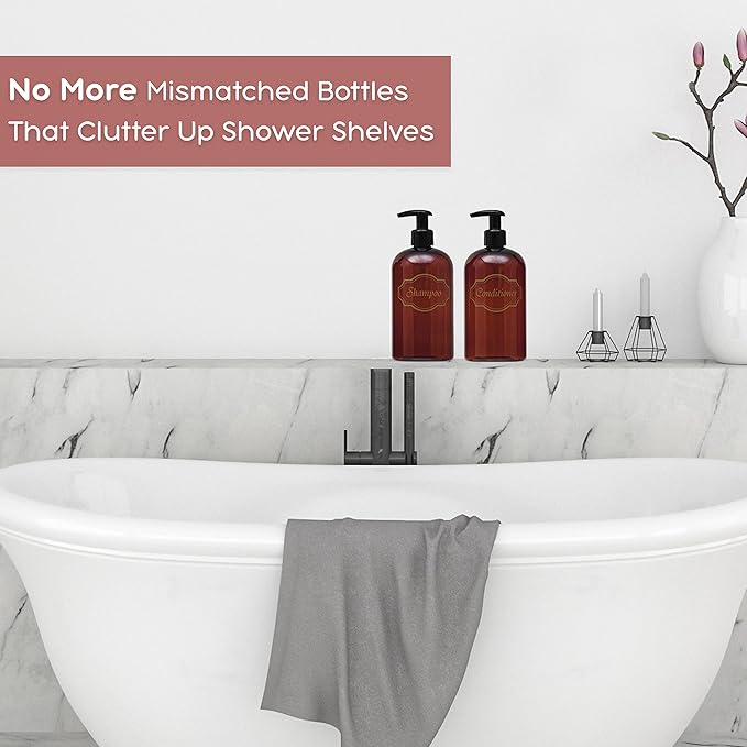 Bottiful Home 16 oz Plastic Shampoo Conditioner Dispensers (Amber)