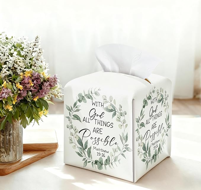 Eucalyptus Bible Verse Tissue Box Cover, PU Leather Drawstring Bottom - God Bible Verse, Eucalyptus Wildflower Decor, Thank You, Farewell, for Friends, Colleagues, Christians | Decorative Organizer