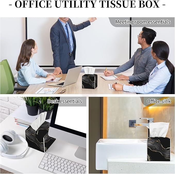 Black Gold Marble Tissue Box Cover Square, Abstract Marble Texture Tissue Box Holder Waterproof Leather Facial Paper Organizer Dispenser for Bathroom Home Car Nightstand Vanity Desk