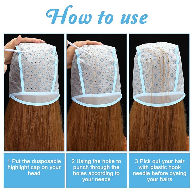 6 Pcs Hair Highlighting Caps, Hair Coloring Cap with Plastic Hooks Disposable Highlighting Dyeing Cap for Salon Hairs Dyeing Hairdressing