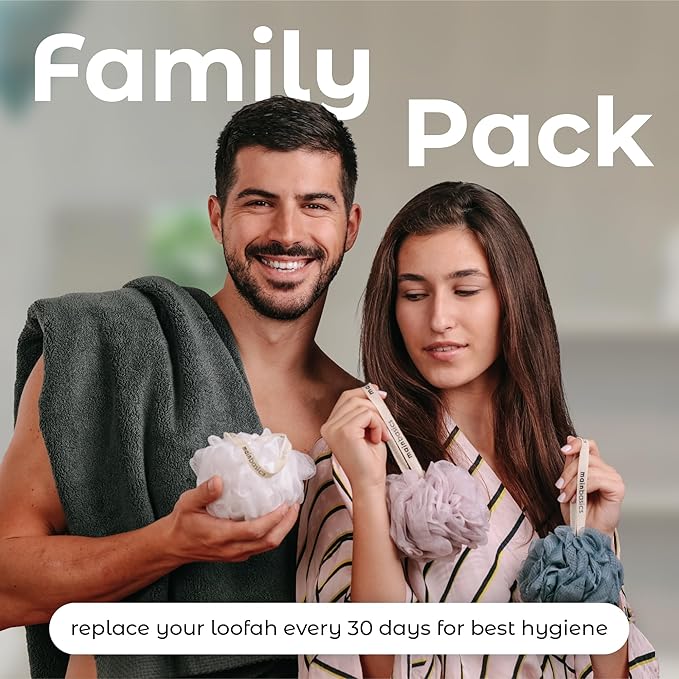 MainBasics Shower Loofah Sponge Pouf, Set of 3, Airy Blossom