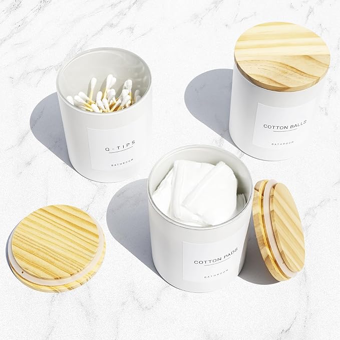 Ezebesta 3PCS Farmhouse 13.53oz White Bathroom Canisters with 12 Labels & Wooden Lid Thick Glass Jar Set Qtip Holder for Cotton Ball & Pads Storage Organization Minimalist Decor
