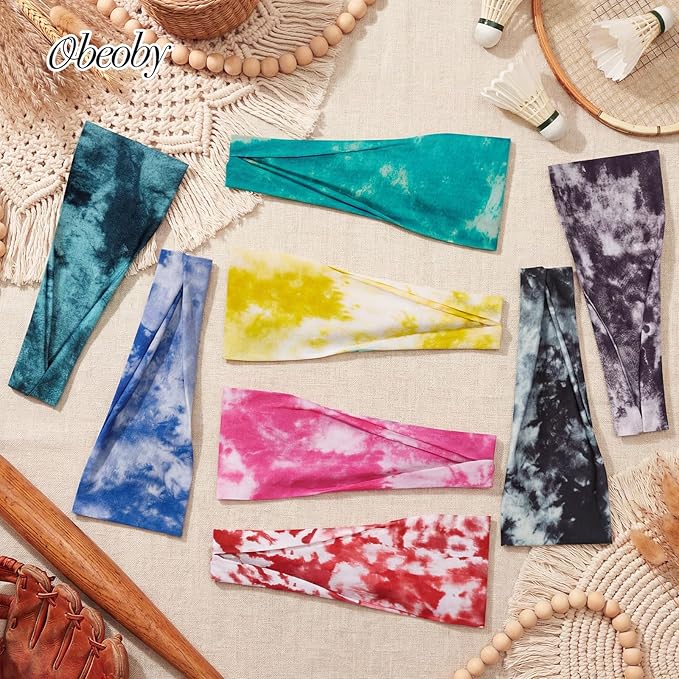 obeoby 8 Pack Tie Dye Headbands for Women, Boho Elastic Hair Bands