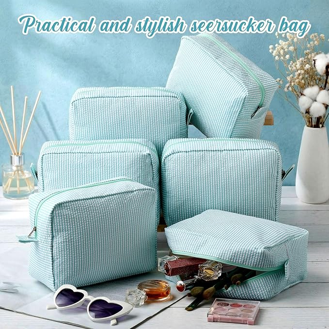 Sanwuta 6 Seersucker Cosmetic Bag Bulk Striped Makeup Bag for Women Aesthetic Cute Travel Toiletry Organizer Preppy Storage Pouch for Wedding Bridesmaid Mother's Day Teacher Gift (Large,Mint Blue)
