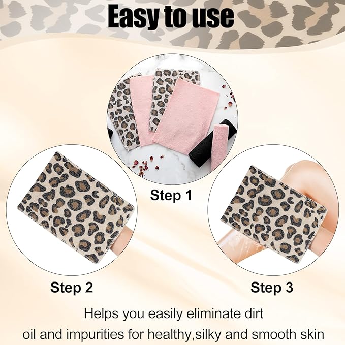 Tatuo 12 Pack Korean Exfoliating Mitt & Cloth, Viscose Rayon Dead Skin Remover Washcloth, Multi Color Body Scrub Towel for Shower Spa Travel(Small,Pink, Black, Print Leopard)