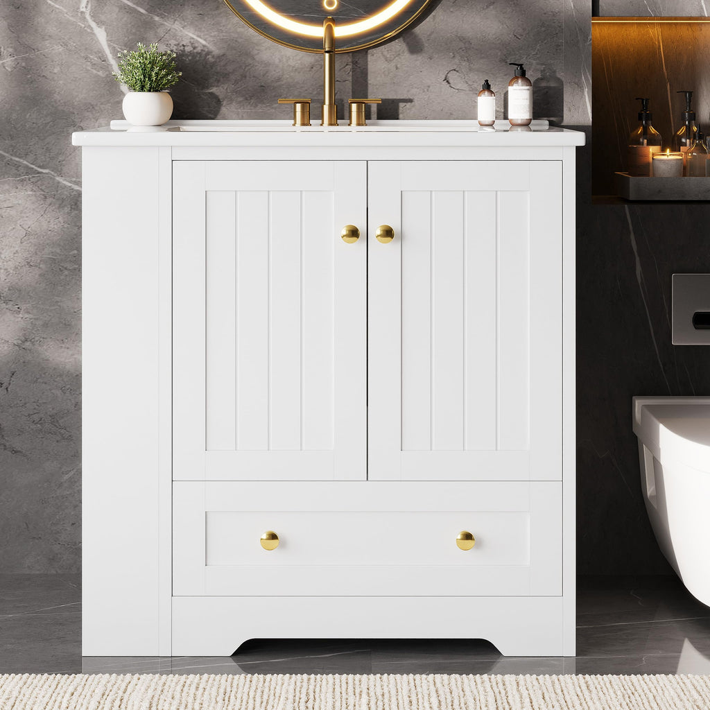 IRONCK Bathroom Vanity with Ceramic Sink, 30" Bathroom Cabinet, White