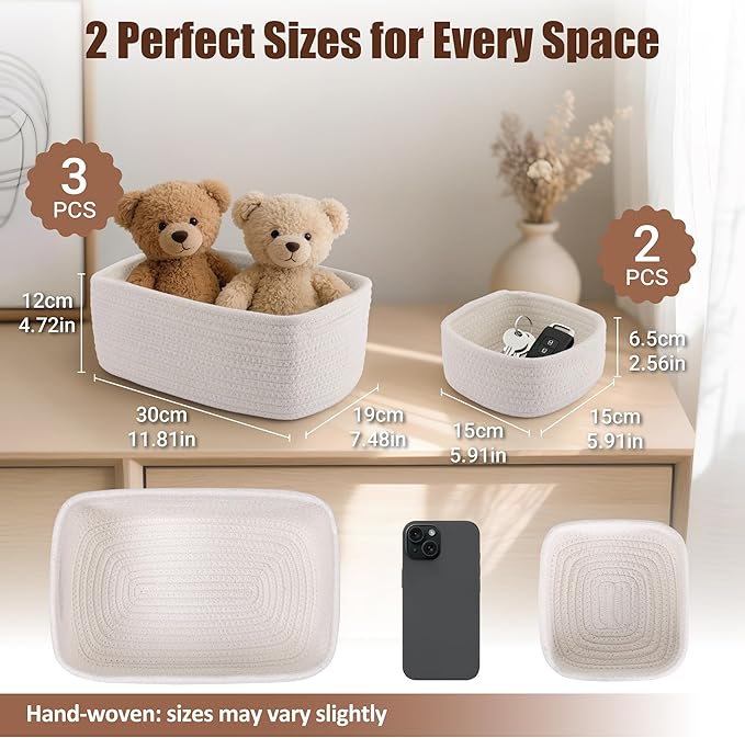 VIRETH HAUS 5-Pack Small Woven Rope Storage Baskets – 2 Sizes Organizer Bins for Closet, Shelf, Bookshelf, Nursery, Changing Table, Fabric Cube Boxes, Rectangular Shallow Bins for Bathroom, Toy & Home