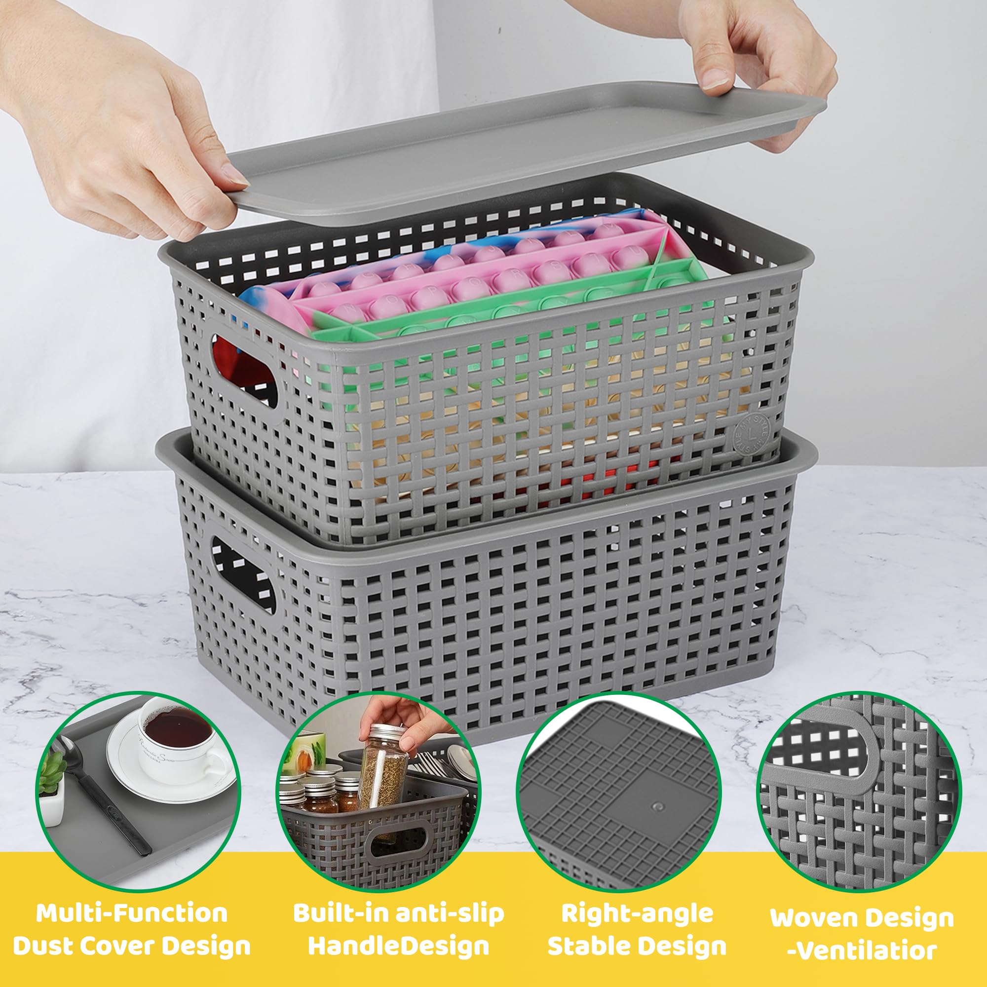 AREYZIN Plastic Storage Baskets Bins With Lid Organizing Container Lidded Knit Storage Organizer Bins for Shelves Drawers Desktop Closet Playroom Classroom Office, 6 Pack