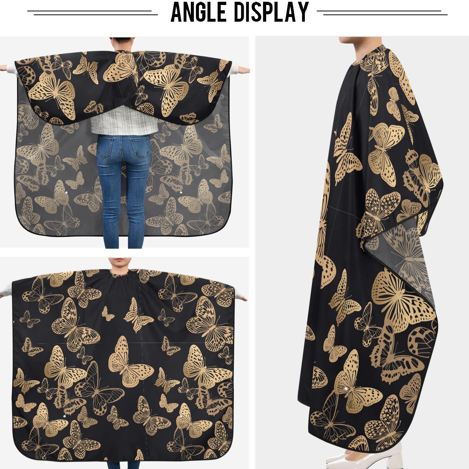 visesunny Barber Cape Black Gold Butterfly Polyester Hair Cutting Salon Cape Apron Anti-Static Haircut Water-Resistant Shaving Cloth Beard Shaving Bib Hairdressing Cape