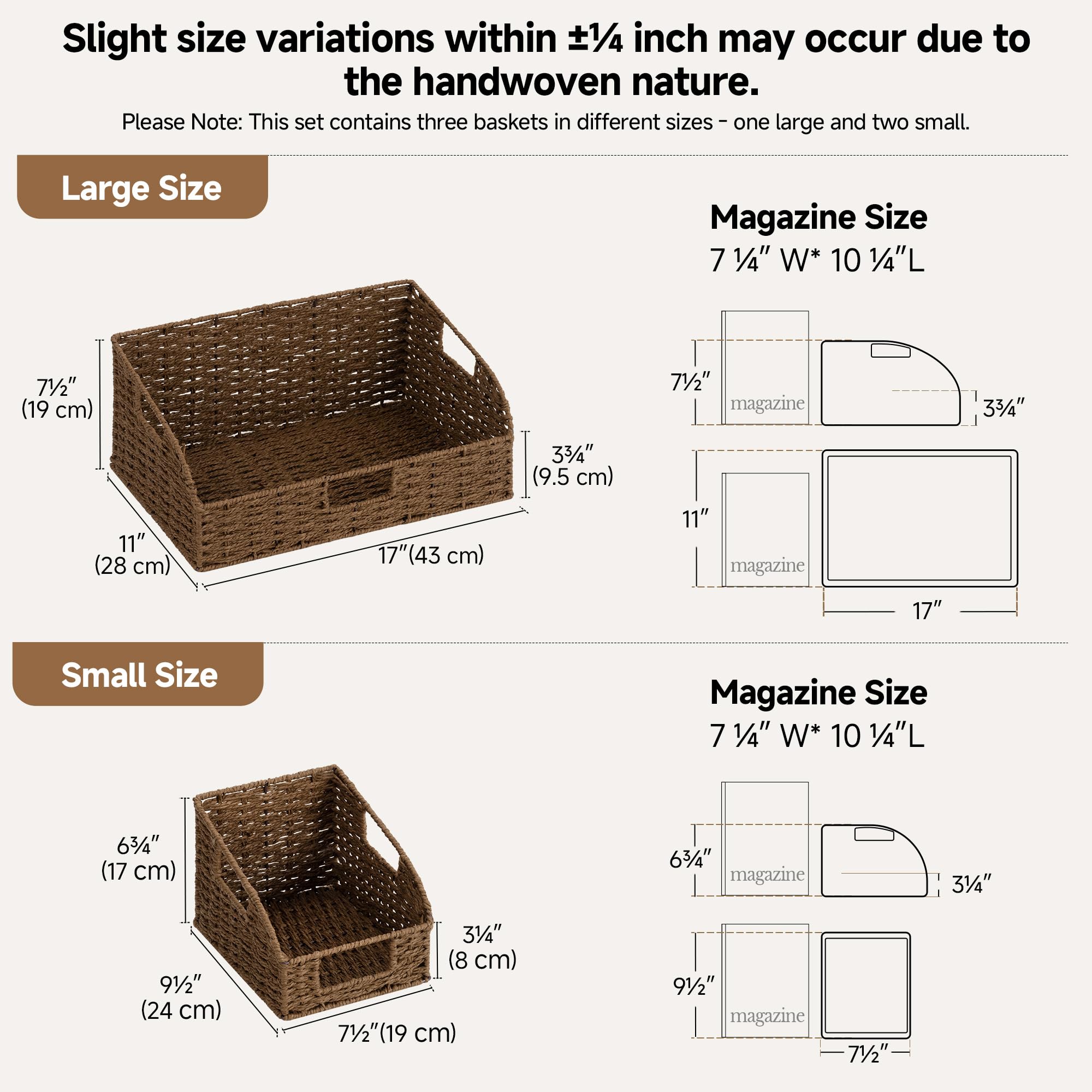 StorageWorks Pantry Storage Baskets, Shelf Baskets, Brown Baskets, 3-Pack