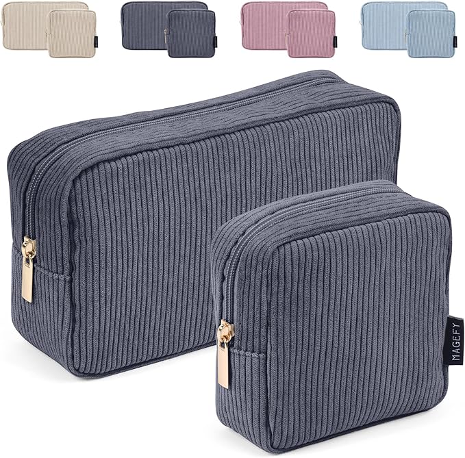 MAGEFY Makeup Bag 2 Pcs Corduroy Cosmetic Bag Mini Big Makeup Bags for Women Travel Pouch with Slip-in Pockets(DeepGrey)