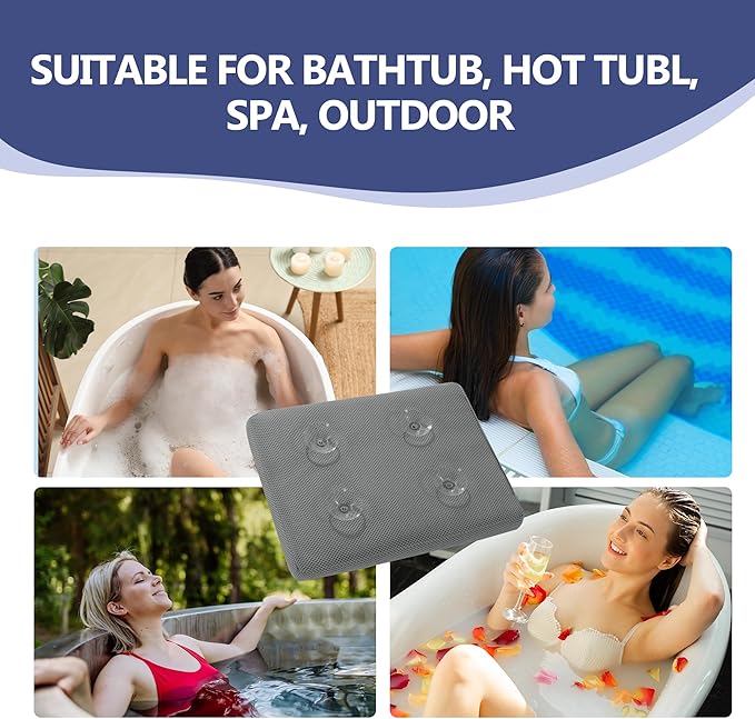 MABOZOO Bath Cushion for Tub with Powerful 4 Non-Slip Suction Cups,Quick Dry Mesh Bathtub Mat,Spa Pillow Bath Accessories for Adults Indoor Outdoor (Gray)