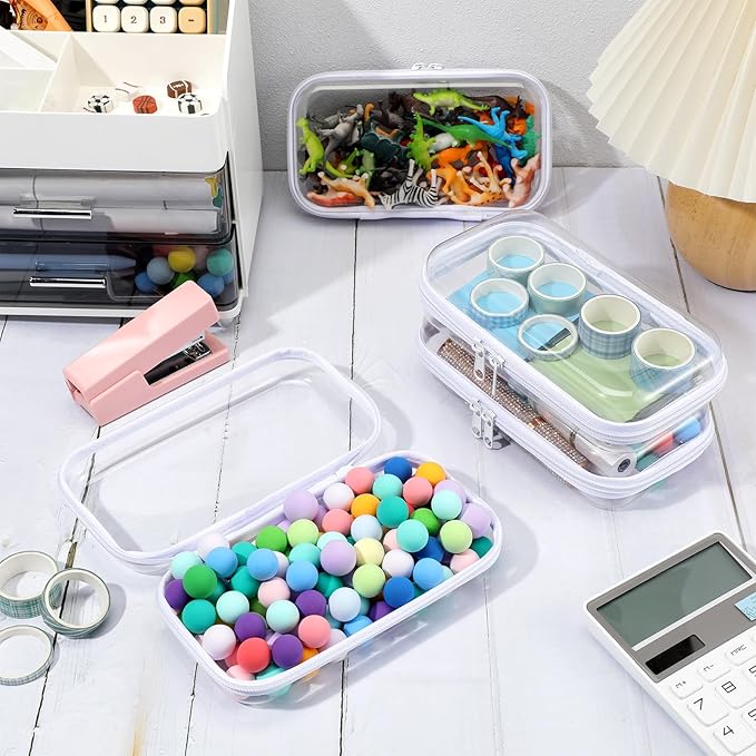 Hoolerry 4 Pcs Hard Clear Zipper Case Makeup Bags Plastic Zipper Pouch Transparent Storage Box Containers for Cosmetics, Snacks, Building Blocks, Puzzles(Clear,7.5 x 3.9 x 2 in,White)