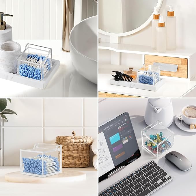 Dealpoli Clear Acrylic Qtip Holder With Lid Cotton Balls Swab Organizer,Square Q Tip Storage, Floss Picks, Bath Salts, Cotton Wab Holder,Home Bathroom Decor (DP011)