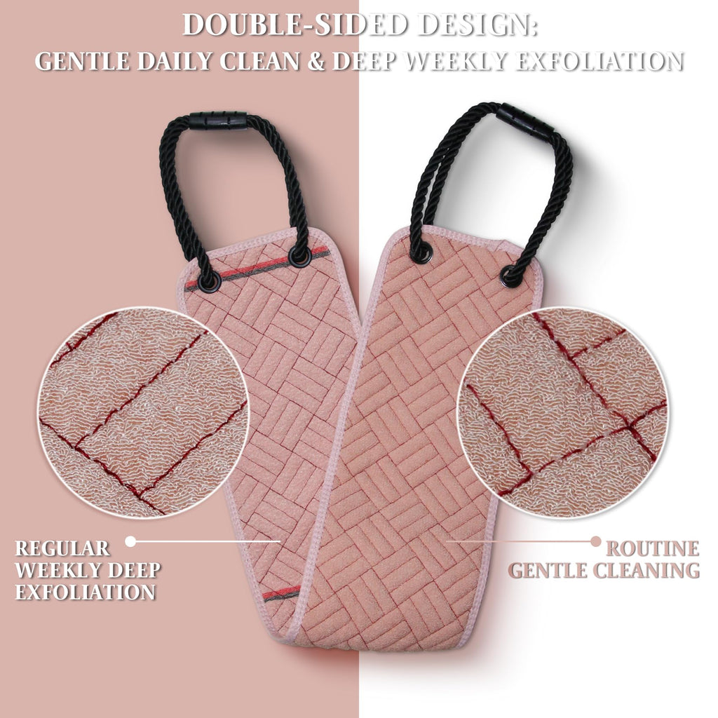 Back Scrubber with Upgraded Handles - 39 Inch Double-Sided Body Exfoliator for Shower/Bath, Deep Cleansing Back Washer for Hard-to-Reach Areas, Unisex (Men & Women) (Pink)