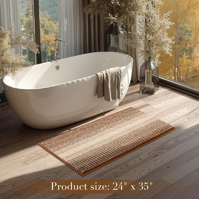 BSICPRO Bath Mat Rug for Bathroom Non Slip Water Absorbent Chenille Soft Shaggy Luxury Bathroom Floor Mats Machine Washable (Coconut Brown)
