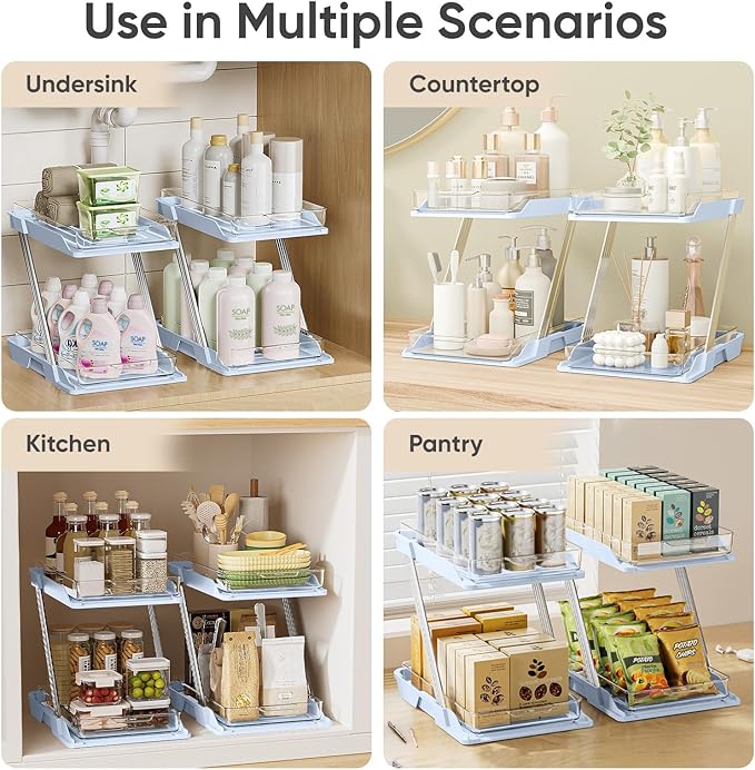 AUGBEAN 3 Pack Bathroom Organizers and Storage - Multi-Purpose,2-Tier Clear Pull Out Organization for Bathroom,Under Sink,Kitchen,Vanity,Countertop,Cabinet,Pantry & Medicine Cabinet,Blue