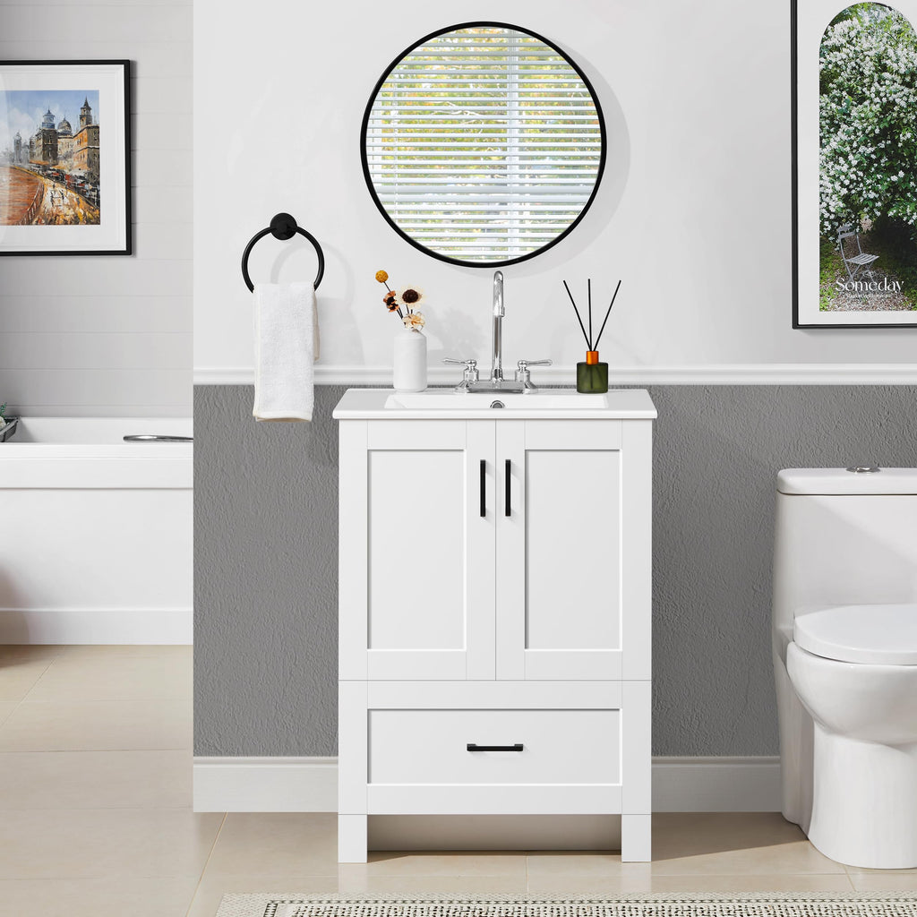 Yaheetech 24" Bathroom Vanity with Sink, 2 Doors & 1 Drawer Cabinet, White