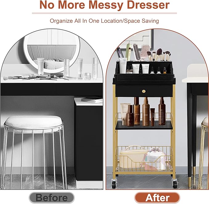 NauwaBarn Large Makeup Organizer Cart with Hair Tool Holder, Rolling Makeup Cart with Drawer, 2-in-1 Vanity Organizer Cosmetic Display Cases for Skin Care Perfume Nail Polish Brush Tools, Gold & Black
