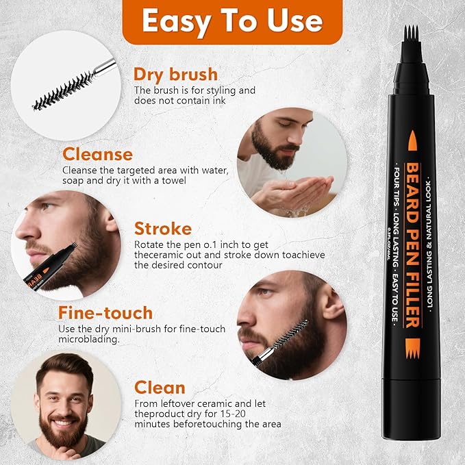 3-Pack Beard Pencil Filler for Men (Black), Four-fork Tip Beard Styling Pen
