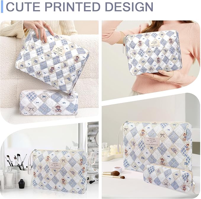 Gosect 2PC Makeup Bag Set, Cute Cosmetic Bag for Women Girls, Floral Coquette Aesthetic Toiletry Bag, Travel Make Up Organizer Bag (Argyle Bear)