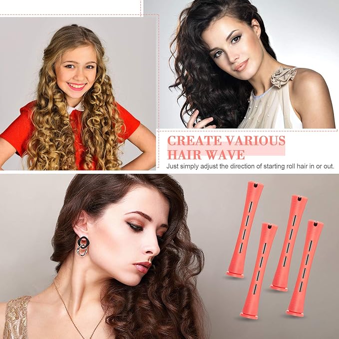 Chuangdi 24 Pcs Hair Perm Rods Plastic Cold Wave Perming Curlers Hair Rollers with Steel Pintail Comb Rat Tail Comb Tools for Hairdressing Styling(Pink,0.51 Inches)