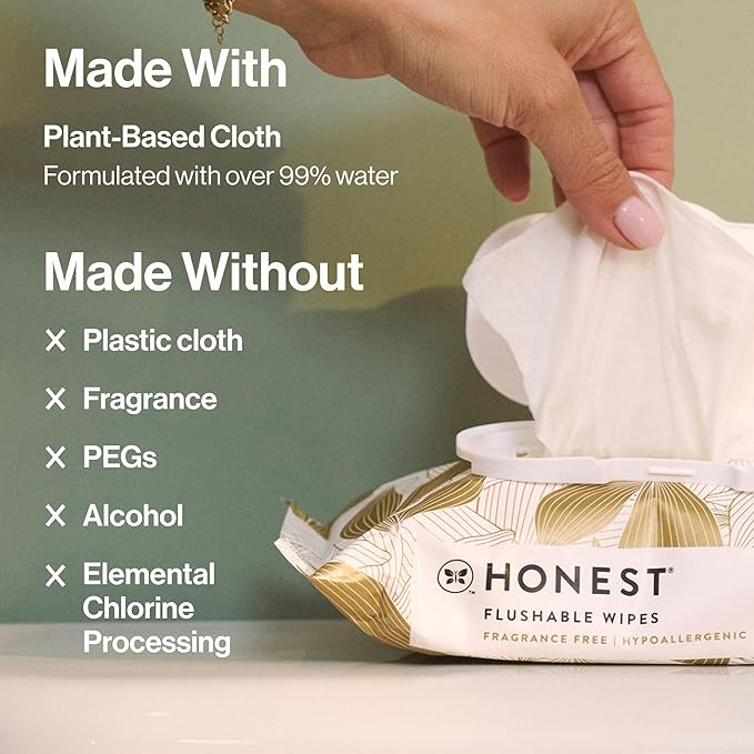 The Honest Company Hypoallergenic Flushable Wipes for Sensitive Skin, Gilded Wings, 126 Count