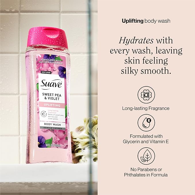 Suave Moisturizing Body Wash, with Sweet Pea Violet and Vitamin E Extract, No Parabens, No Phtahaltes, 18 Fl Oz (Pack of 6)
