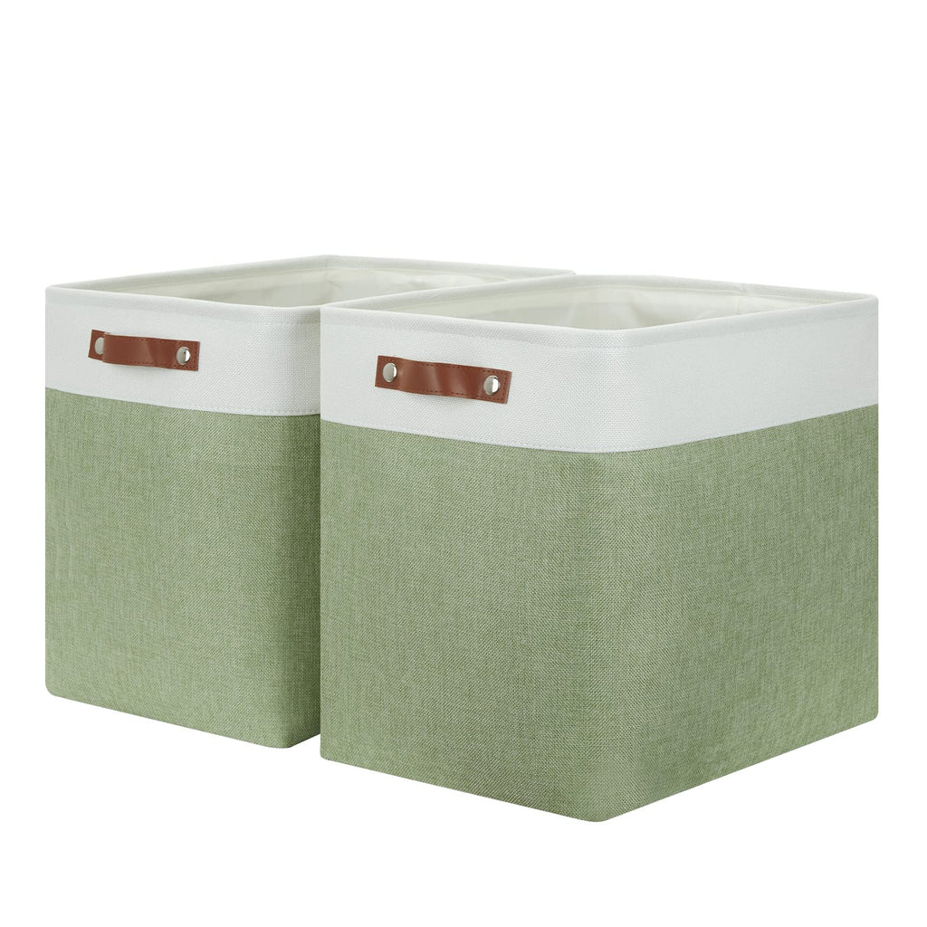 HNZIGE Shelf Storage Baskets for Clothes, Large Storage Bins Fabric Baskets for Organizing, Foldable Rectangular Decorative Storage Bins for Home Closet(White Green), 17" x 12" x 15"