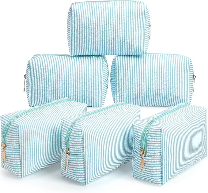 Sanwuta 6 Pcs Seersucker Cosmetic Bags Bulk Seersucker Makeup Bags Stripe Women Pouch Large Preppy Storage Pouch Toiletry Travel for Wedding Bridesmaid Bride Favor Back to Teacher Gift (Lake Blue)