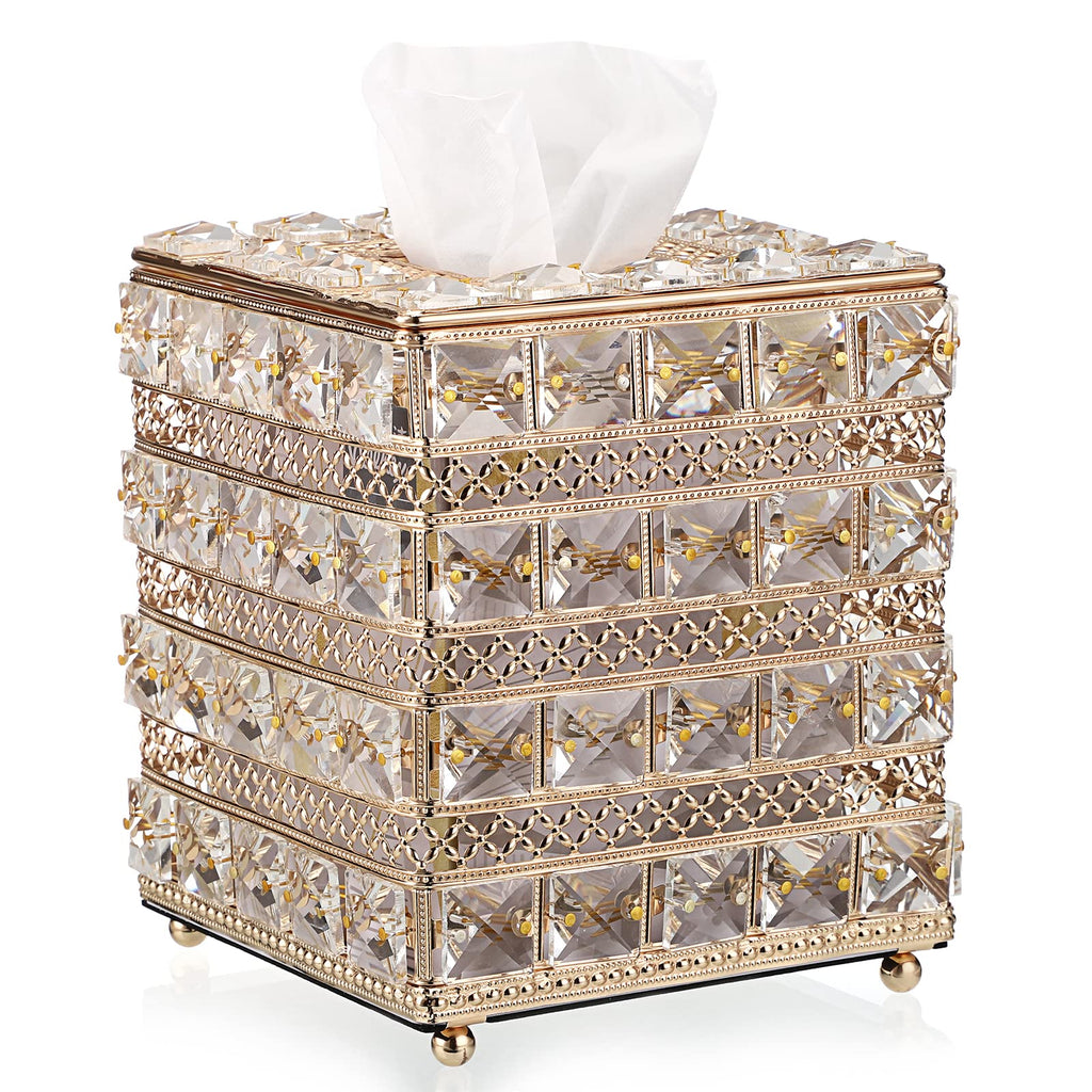 Sumnacon Crystal Square Tissue Box Cover - Sparkling Cube Glass Tissue Box Holder, Decorative Facial Tissue Holder for Bedroom Bathroom Dresser Night Stand Table Office Home Decor, Gold