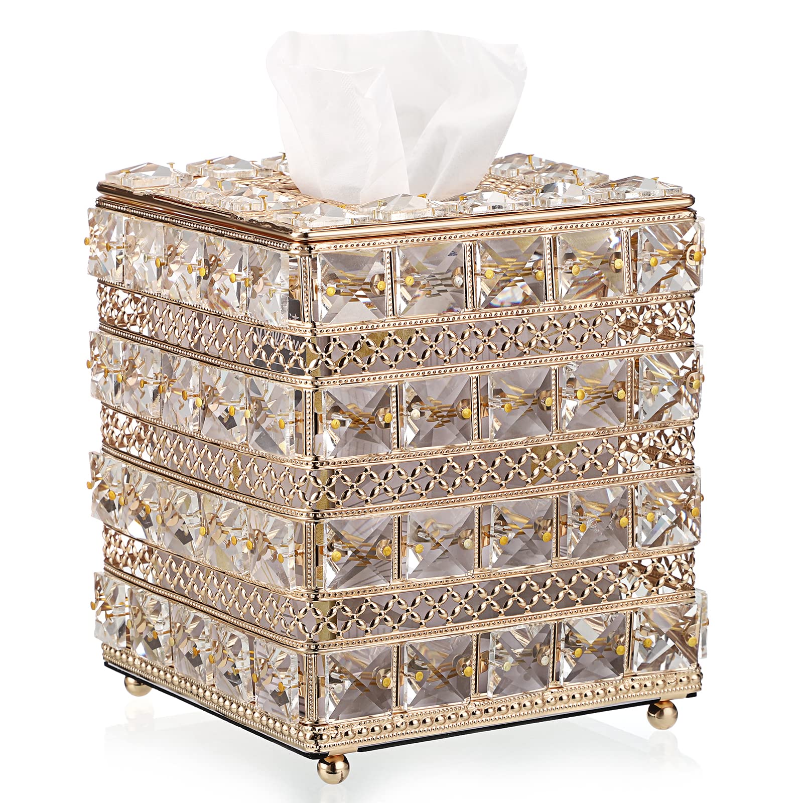 Sumnacon Crystal Square Tissue Box Cover - Sparkling Cube Glass Tissue Box Holder, Decorative Facial Tissue Holder for Bedroom Bathroom Dresser Night Stand Table Office Home Decor, Gold