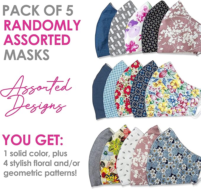 HOPE LOVE SHINE Face Mask Adjustable Filter Pocket Reusable Breathable Washable Cloth Mask Face Masks for Women Men - 5 Pack