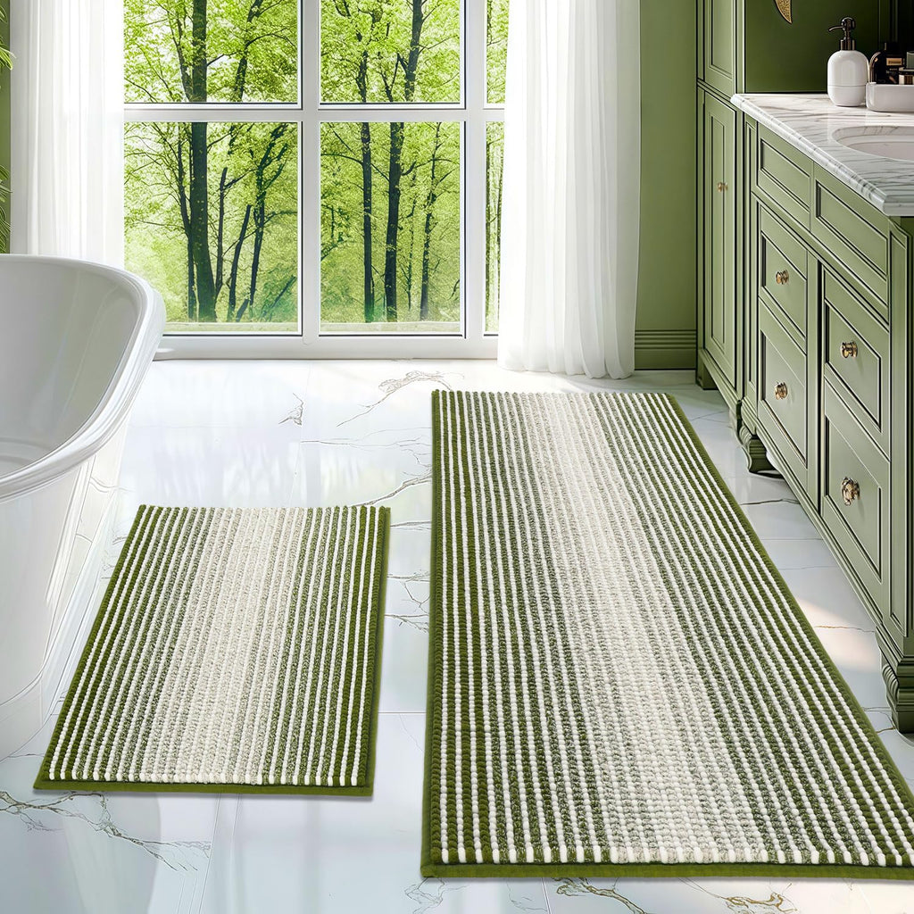 BSICPRO Bathroom Rugs and Mats Sets, 2 Piece Thick Absorbent Chenille Bath Mat Rug Set Non Slip, Soft Shaggy Bath Room Floor Mats for Bathroom, Machine Washable (Sage, 20" x 47" Plus 20" x 32")