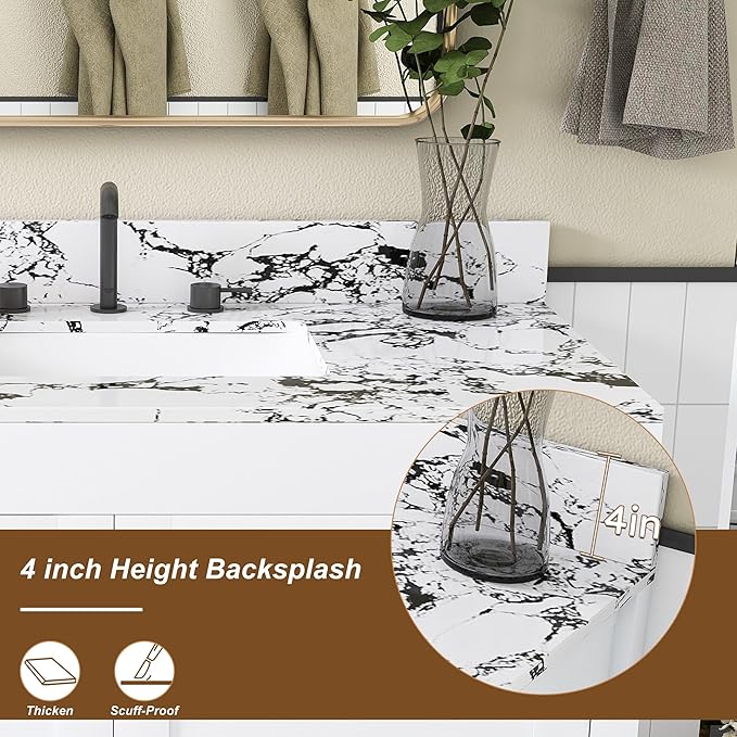 Montary 42" Bathroom Vanity with 43" Artificial Marble Black White Top, Modern Stylish MDF Bathroom Storage Cabinet, Vanity Set with 2 Doors and One Large Divided Drawer, White (Three Holes)