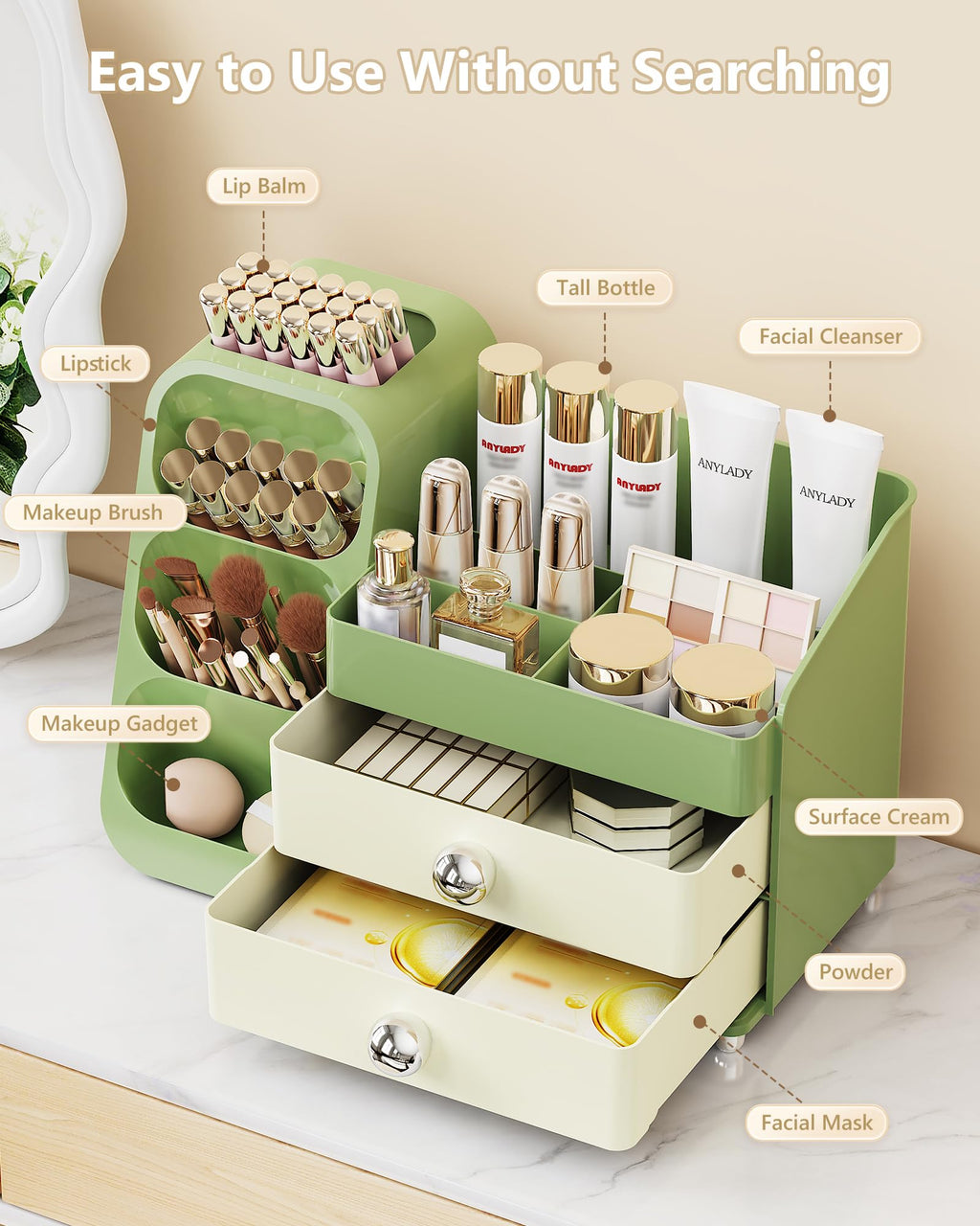 Anylady Large Capacity Makeup Organizer Countertop with Makeup Brush Holder for Vanity, Thickened Material, Bathroom Countertop Organizer Skin Care Perfumes Storage, Teen Girl Gifts for 13-25 Year