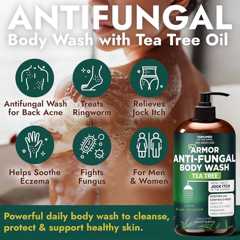 Antifungal Body Wash with Tea Tree Oil | Antifungal Soap for Back Acne,Treats Ringworm, Eczema & Jock Itch | Antifungal Body Soap For Men And Women | Includes Silicon Scrubber (16.9 oz)