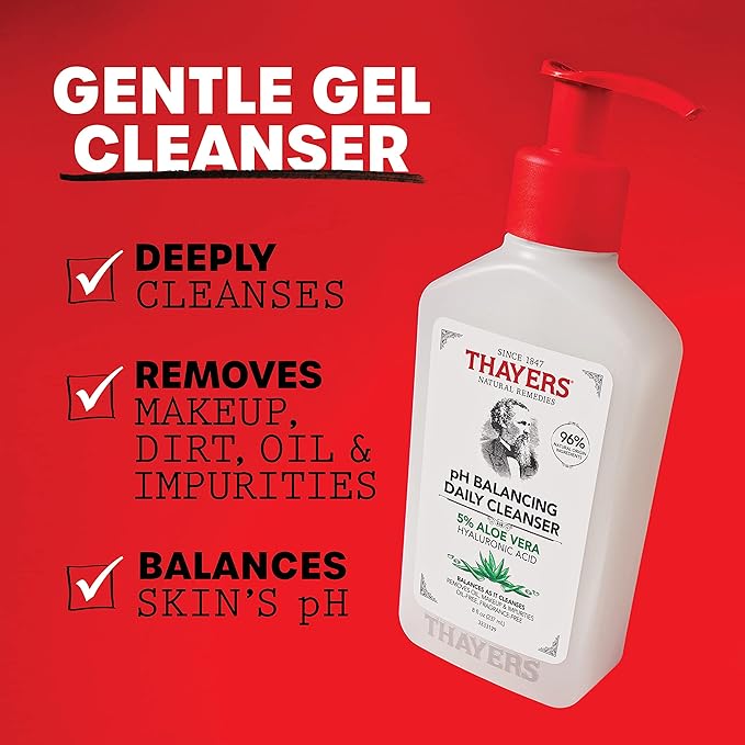 THAYERS pH Balancing Daily Cleanser,Face Wash with Aloe Vera,Gentle and Hydrating Skin Care for Dry,Oily,or Acne Prone Skin,8 FL Oz.,(Pack of 2)