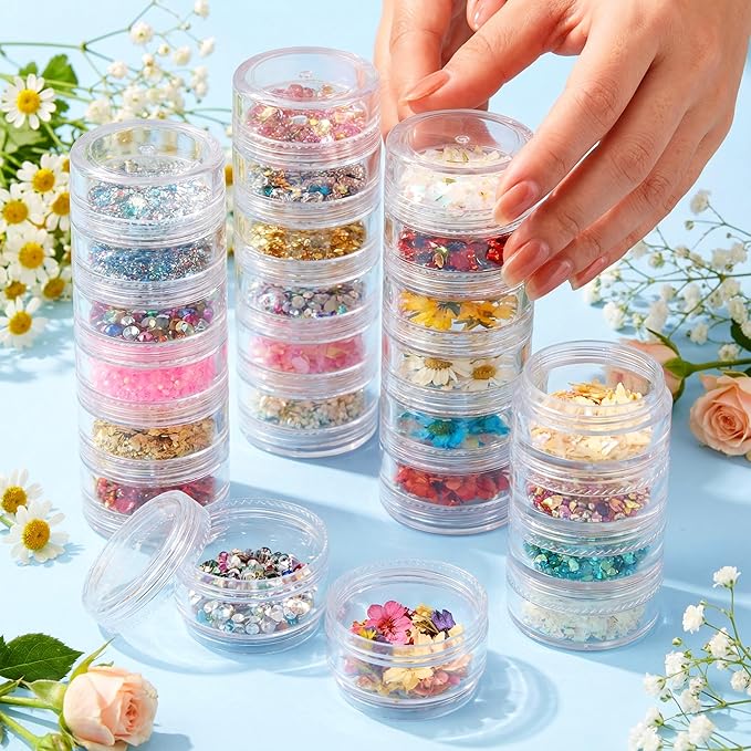 Fengek 6 Sets 6 Layer Stackable Plastic Containers, 10G/10ML Clear Cosmetic Storage Box Round Organizer Jars for Beads, Buttons, Small Jewelry Findings