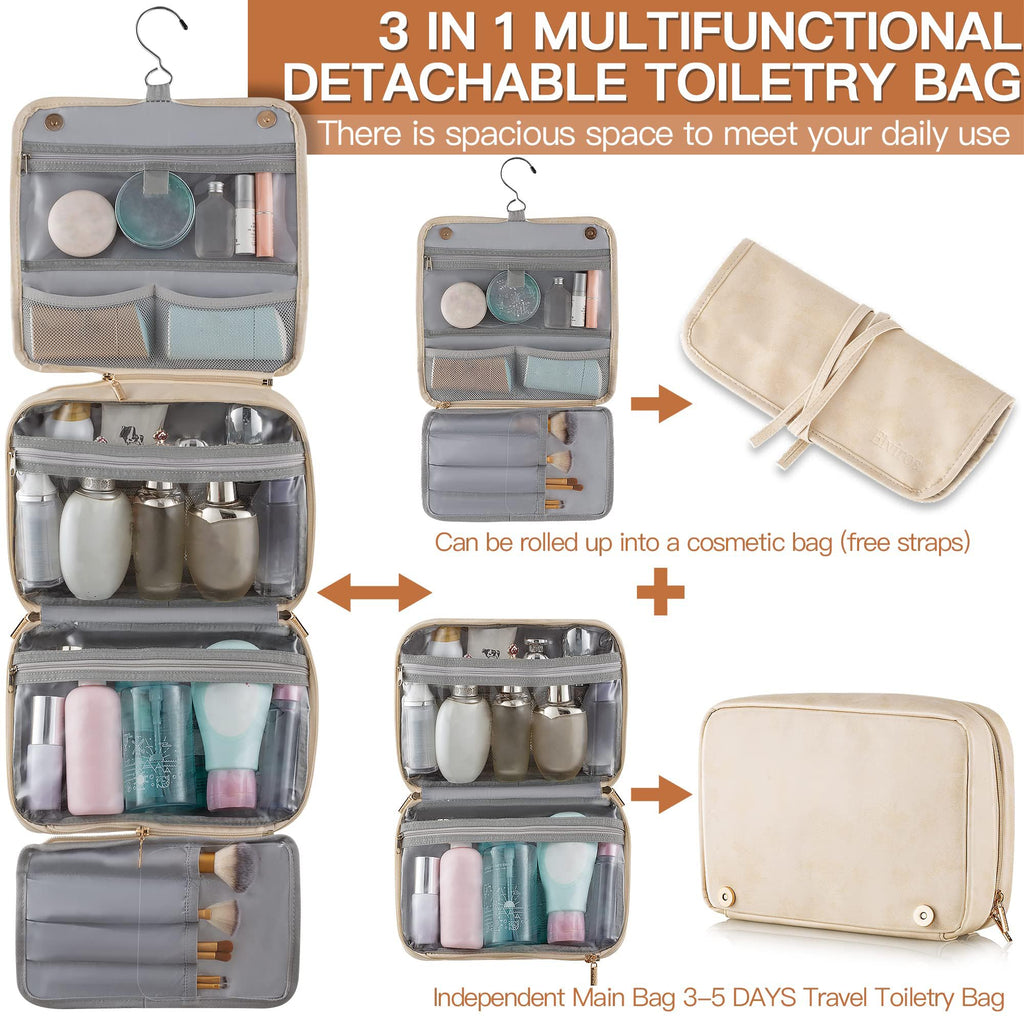 Elviros Hanging Travel Toiletry Bag for Women Vegan Leather (Beige)