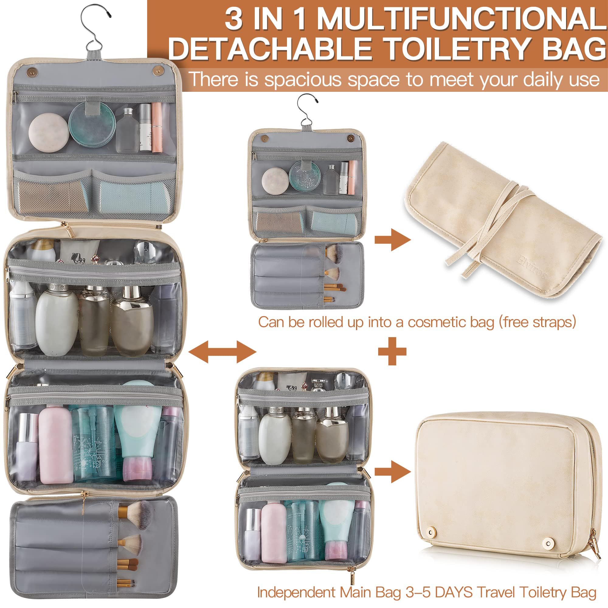 Elviros Hanging Travel Toiletry Bag for Women Vegan Leather (Beige)