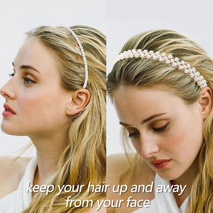 VELSCRUN Headbands for Women 7 Pcs Different Pearl Fashion Knotted Solid Head Bands Pearl Headband Non Slip Thin Hair Band for Womens Gilrs Thick Short Hair Face Wash Hair Accessories