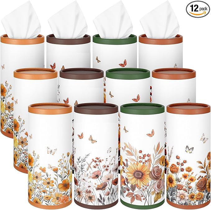 Fourluoo 12 Pack Spring Floral Tissue Boxes for Car Cylinder Bulk Wildflower Round Cylinder Holder with 3 Ply Facial Tissues for Spring Travel Bathroom Office Decoration Supplies
