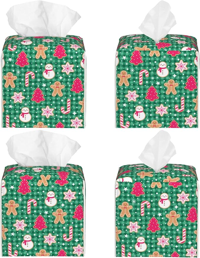 Christmas Gingerbread and Snowman Tissue Box Cover Square,Merry Christmas Snowflakes Candy Canes Tissue Box Holder Waterproof Leather Facial Paper Organizer for Car Bathroom Nightstand Vanity Desk