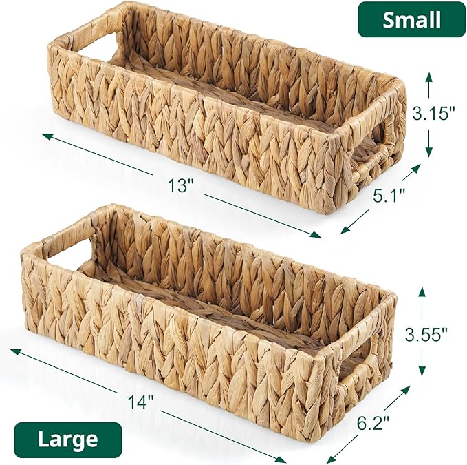 dreamkey Toilet Basket Tank Topper, Set of 2 Water Hyacinth Wicker Bathroom Storage Baskets, Back of Toilet Organizer for Toilet Paper, Towels, Toiletries, Hand Woven Nesting Baskets with Handles