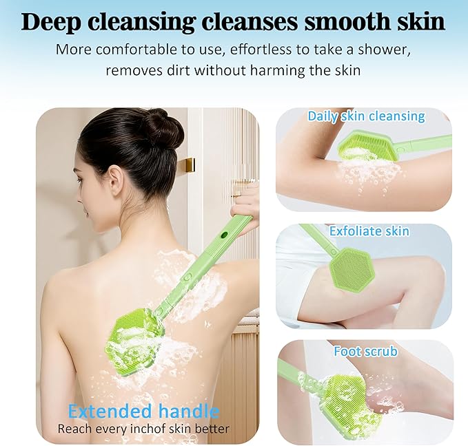Silicone Back Scrubber for Shower with 21" Extendable Handle-Dual-Sided Long Handle Bath Brush for Exfoliating & Massage–Non-Slip Grip, Gentle&Deep Cleansing Body Brush for Men, Women, Seniors (Green)