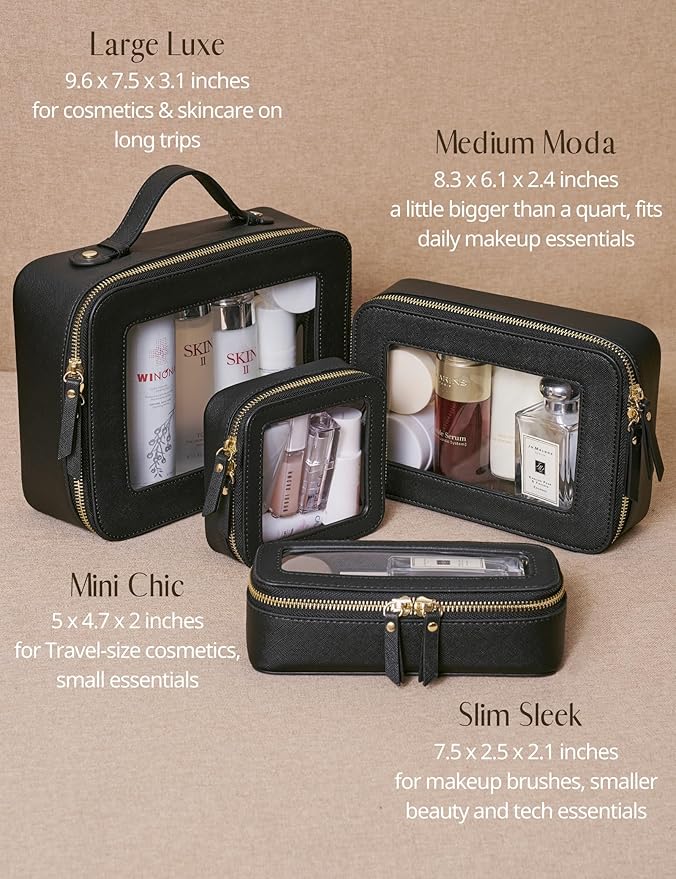 Popvibe Clear Makeup Case Set Black Toiletry Bag Travel Large Clear Cosmetic Bag with Zipper, Big Make Up Bag Organizer Women Traveling TSA Approved Transparent Bag Car for Essentials